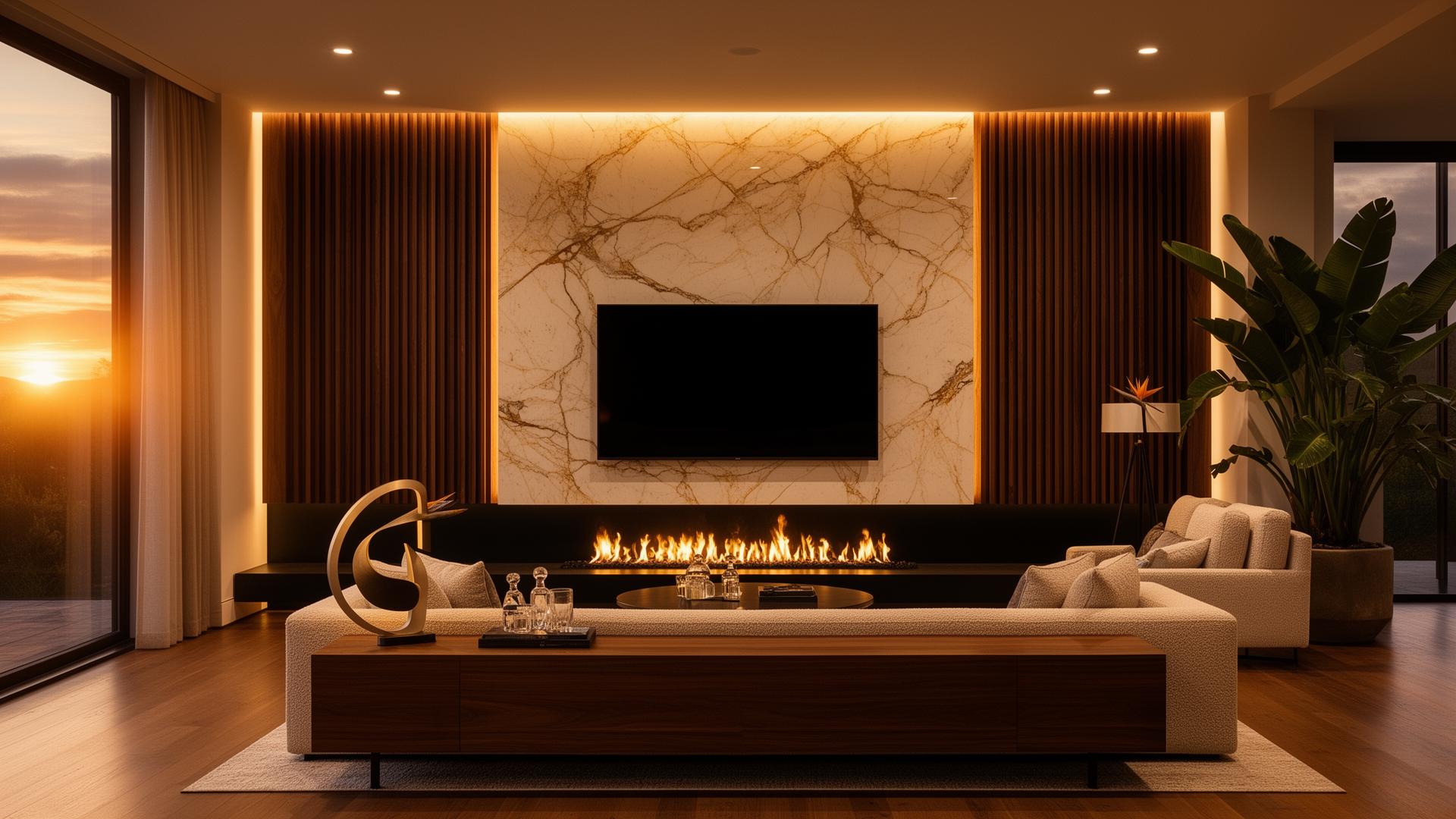 Luxury living room featuring a marble TV feature wall, acoustic walnut slats and linear fireplace in Delray Beach